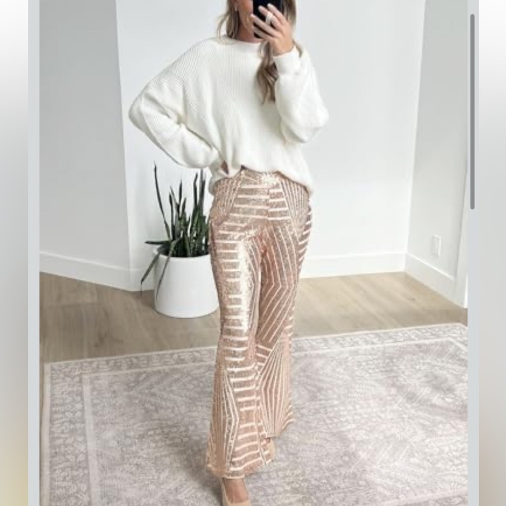 Apricot rose gold champagne sparkly wide leg sequin trousers - Picture 7 of 16